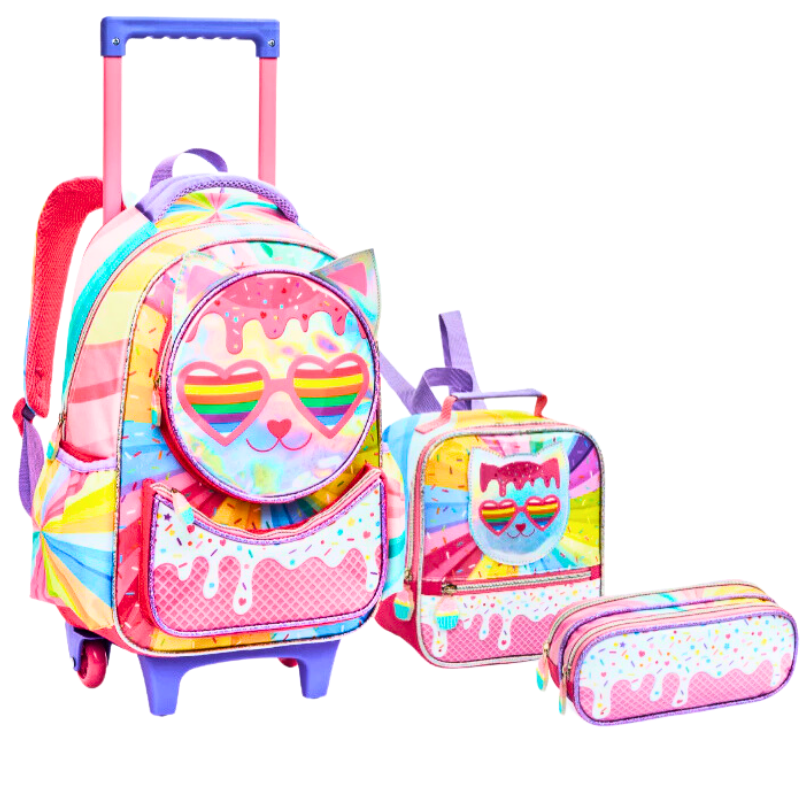 Kit Mochila Escolar Infantil Gatinha Candy com Rodinhas + Lancheira e Estojo Duplo