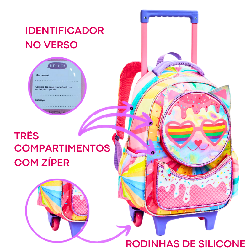 Kit Mochila Escolar Infantil Gatinha Candy com Rodinhas + Lancheira e Estojo Duplo