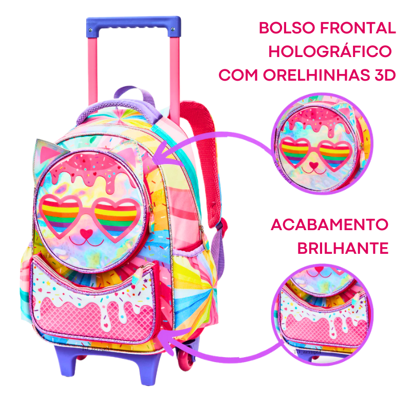 Kit Mochila Escolar Infantil Gatinha Candy com Rodinhas + Lancheira e Estojo Duplo