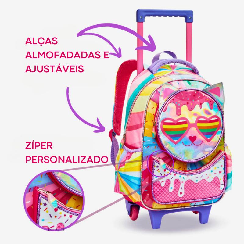 Kit Mochila Escolar Infantil Gatinha Candy com Rodinhas + Lancheira e Estojo Duplo