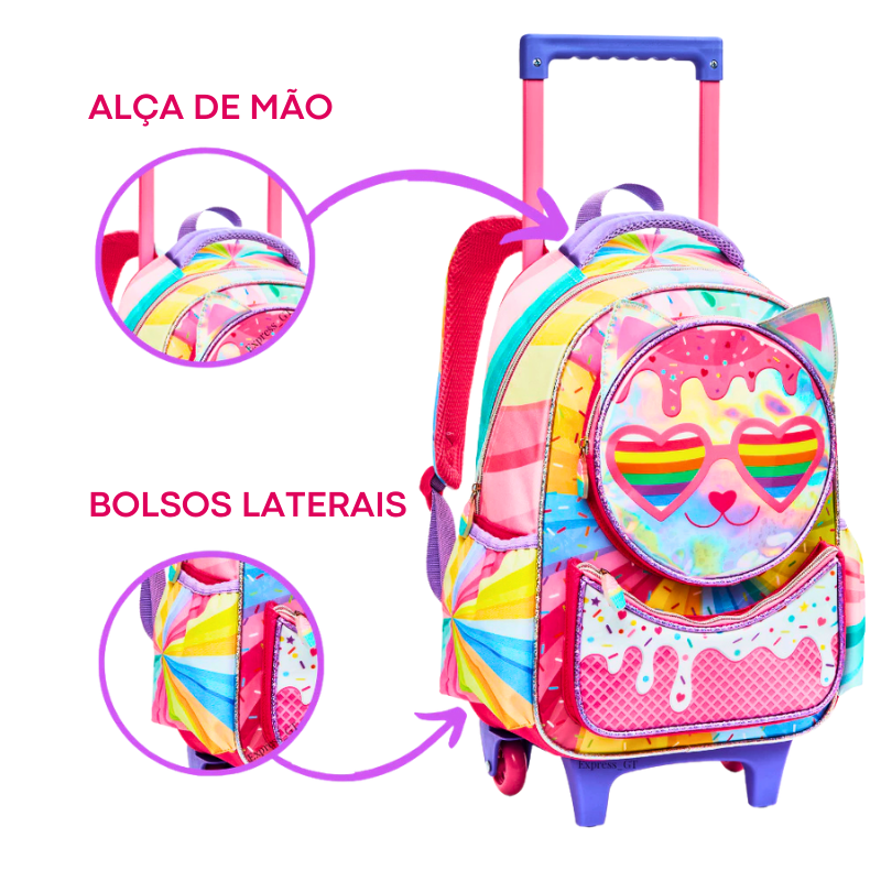 Kit Mochila Escolar Infantil Gatinha Candy com Rodinhas + Lancheira e Estojo Duplo